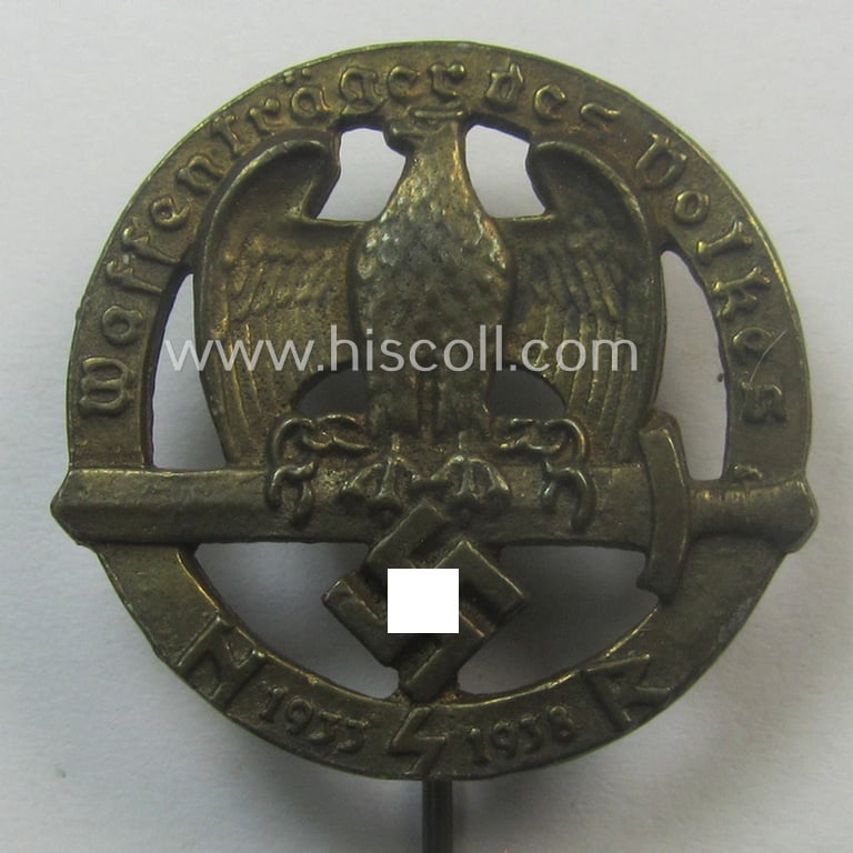 Golden-bronze-toned, so-called: 'Nationalsozialistischer Soldatenring' (ie. 'NSR') membership-badge (or: 'Mitgliedsabzeichen') being a maker- (ie. 'F. Petzl'-) marked example that comes mounted onto its long-sized pin