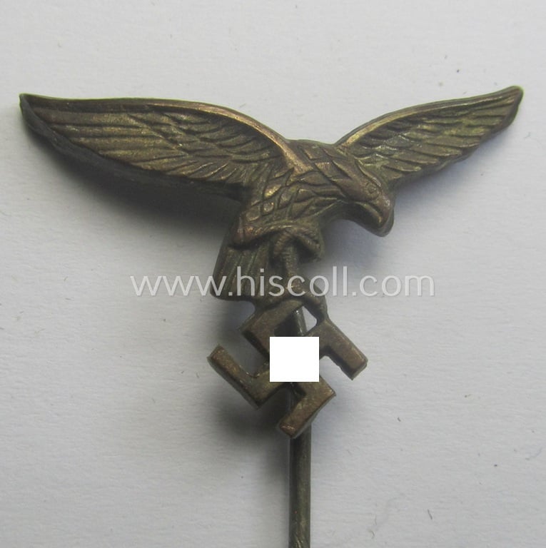 Tarnished golden-toned lapel-pin (ie. 'Zivilabzeichen') to be worn on the civil attire as was intended for usage by the various staff-members of the 'Luftwaffe' (depicting an early-pattern- ie. 'down-tailed'-eagle)