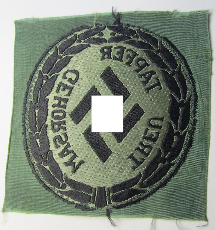 Attractive - and actually scarcely encountered! - (I deem) EM- (ie. NCO-) type, so-called: 'Schutzmannschaften' (or: 'Schuma') armshield as executed in greyish-coloured thread on a black-coloured- (ie. 'Polizei'-related-) background