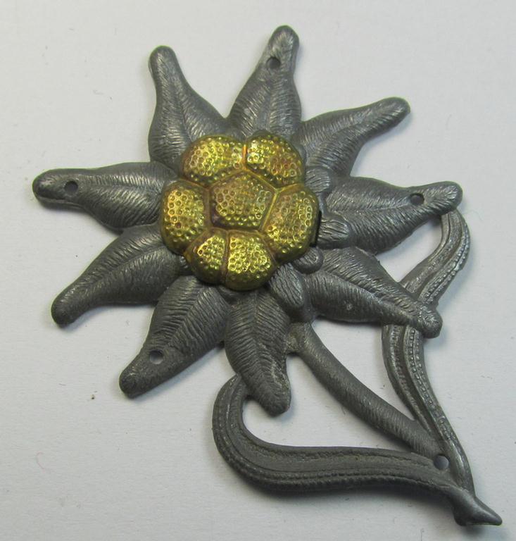 WH (Heeres) silver-greyish-coloured and zinc-based (albeit non-maker-marked) so-called: M43-cap-badge (ie. 'Mützenabzeichen') depicting an: 'Edelweiss'-flower as was used by the various 'Gebirgsjäger'- (ie. mountain-troops-) related divisional-...