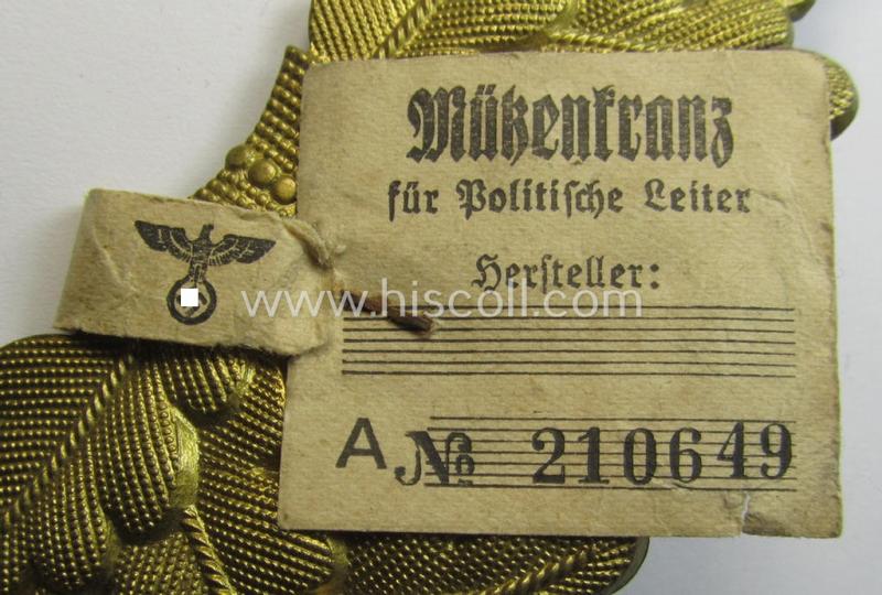 Matching (political-style) N.S.D.A.P.-visor- (ie. 'Schirmmützen'-) cap-insignia-set for a: 'politischen Leiter' (comprising of a cap-wreath and dito cap-cocarde, both pieces being neatly: 'RzM' and/or: 'M1/36'- (ie. 'M1/52'-) marked example...
