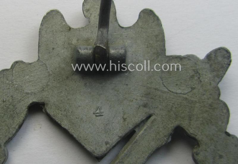 Attractive - and mininally used! - 'Infanterie-Sturmabzeichen in Silber' (or: silver-class infantry-assault badge ie. IAB) being a neatly maker- (ie. '4'- or: 'Metall u. Kunststoff'-) marked example as executed in silverish-coloured 'Feinzink...