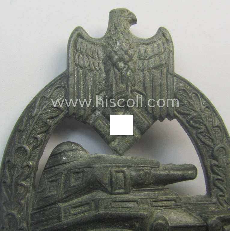 Incomplete 'Panzerkampfabzeichen in Silber' (or: silver-class panzer-assault badge or PAB) being a maker- (ie. 'AS' in a triangle-) marked- and/or typical zinc- (ie. 'Feinzink'-) based specimen as was procuced by a to date unknown maker