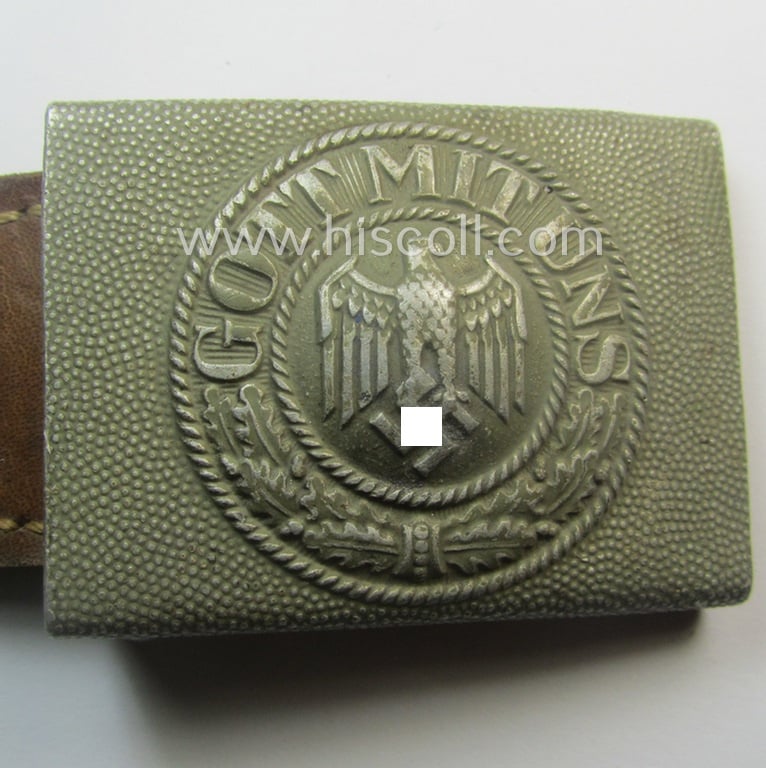 WH (Heeres) 'standard-pattern', field-grey-toned- and aluminium-based belt-buckle being a maker- (ie. 'R. Sieper & Söhne'-) marked- and/or: '1937'-dated example that comes mounted onto its leather-based tab