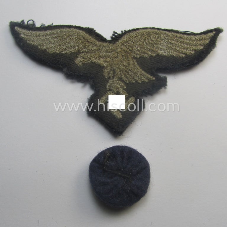 Moderately used and/or carefully cap-removed, WH (Luftwaffe) cap-eagle and cocarde-set as was specifically intended for usage onto the LW side-caps (ie. 'Schiffchen') or M43-field-caps ('Einheitsfeldmützen')