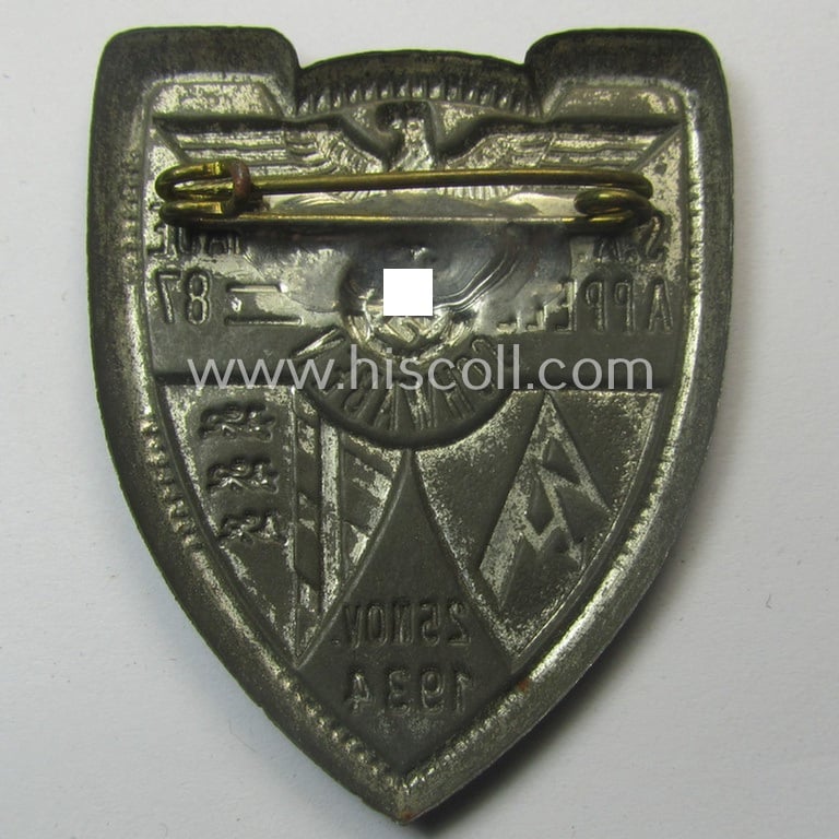 Greyish-silver-toned- (and I deem typical zinc-based) SA-related day-badge (ie. 'tinnie' or: 'Veranstaltungsabzeichen') as was issued to commemorate the: 'SA Appel - Brigade 87 - 25. Nov. 1934'