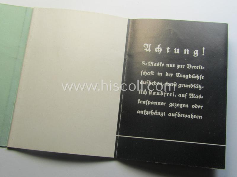 Neat - and actually scarcely encountered! - example of the 16-paged- and/or small-sized booklet on the German 'standard'-issued 'Wehrmacht' gasmask ('Model S'), entitled: 'Die S-Maske'
