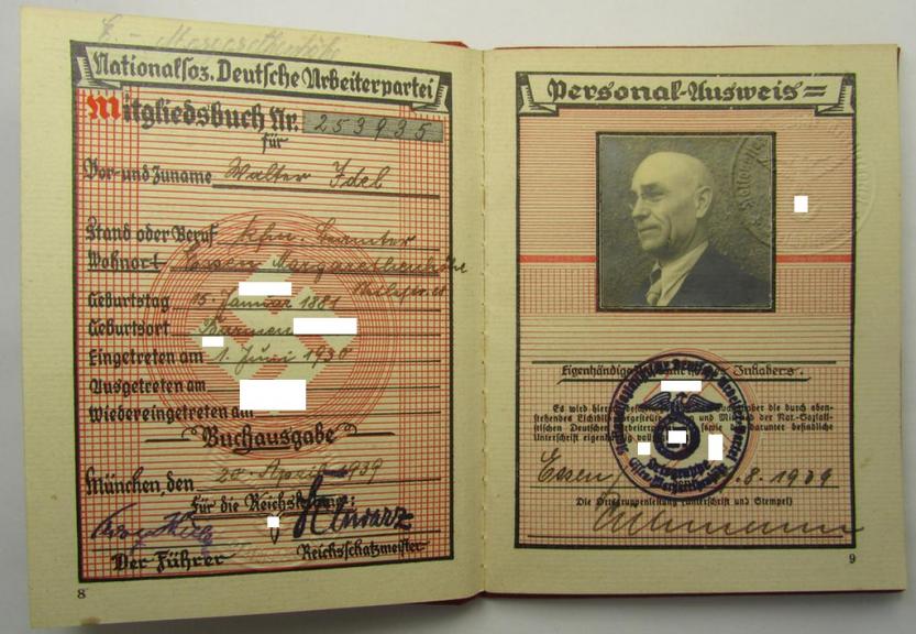 Pre-war-period- (ie. 1939-dated) so-called: N.S.D.A.P.-related membership-booklet (ie. 'Partei Personal-Ausweis') as was issued (in 1939) to the: 'N.S.D.A.P.-Mitglied' named: Walther Idel, born in 1881