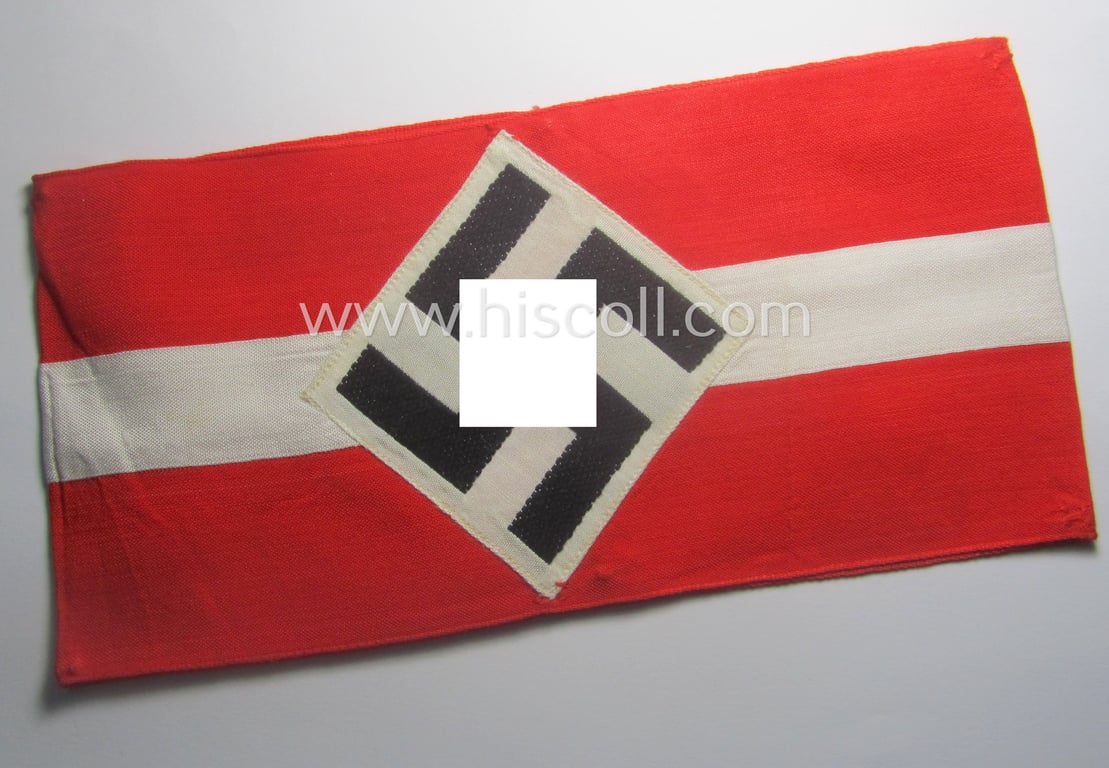Attractive - and scarcely found! - 'standard-issued'- (ie. entirely woven) pattern, bright-red-coloured HJ- (ie. 'Hitlerjugend'-) related armband (ie. 'Armbinde') being a minimally used example that is void of an 'RzM'-etiket