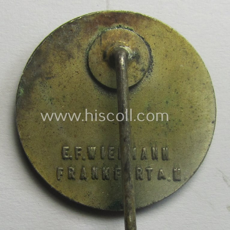 Zinc- (ie. 'Feinzink'-) 'N.S.D.A.P.'-related supporter-pin- (or: 'Freiheitsbund-Abzeichen') being a maker- (ie. 'E.F. Wiedmann'-) marked example showing the text: 'Opferring Gau Hessen-Nassau'