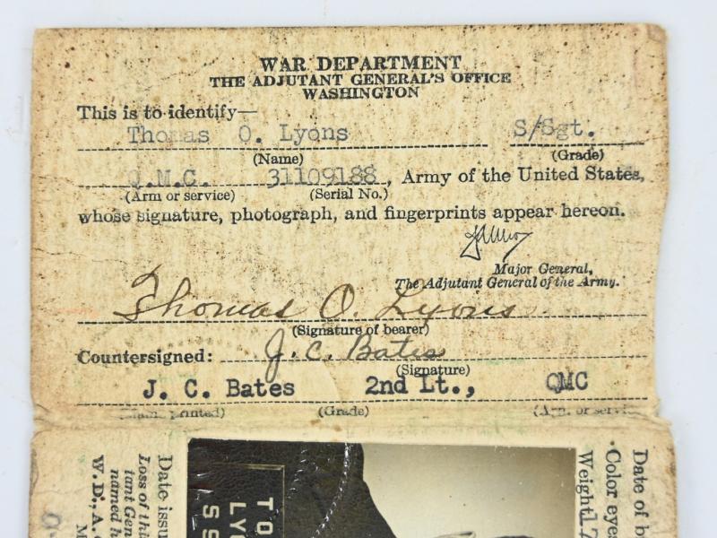 US WW2 Army Service Pass 'S/Sgt Thomas O. Lyons''