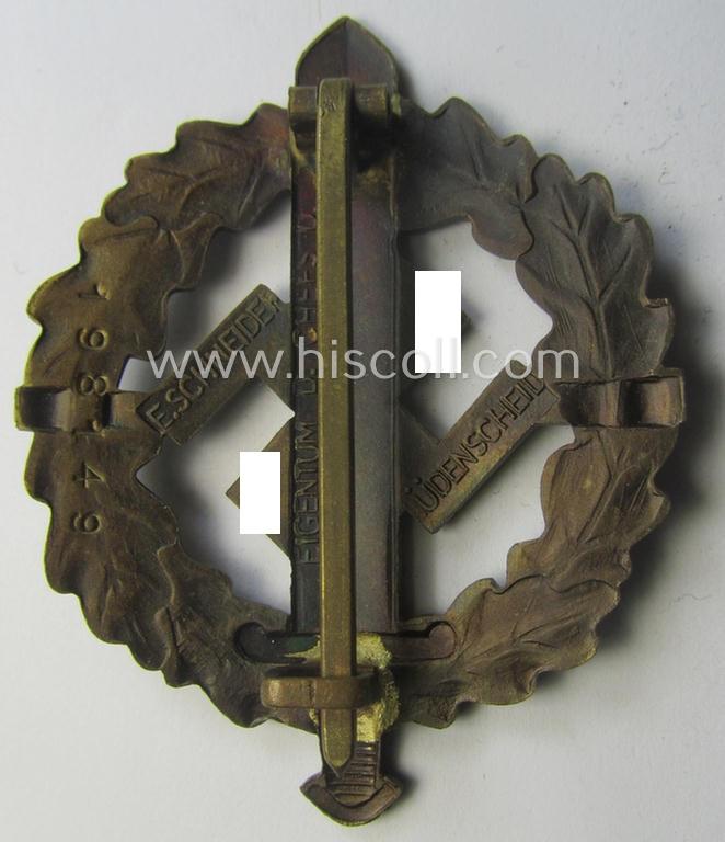 Early- (ie. pre-) war-period 'SA Sportabzeichen in Bronze' being a nicely maker- (ie. 'E. Schneider'-) marked example that bears a unique, stamped bearers'-number that reads: '198149' on its back