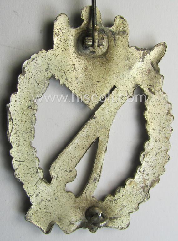 Attractive, 'Infanterie Sturmabzeichen in Silber' (or: silver-class infantry-assault-badge ie. IAB) being a non-maker-marked, so-called: 'solid-back- ie. copper-coated'-example as was (I deem) produced by the: 'R.A. Karneth u. Söhne'-company