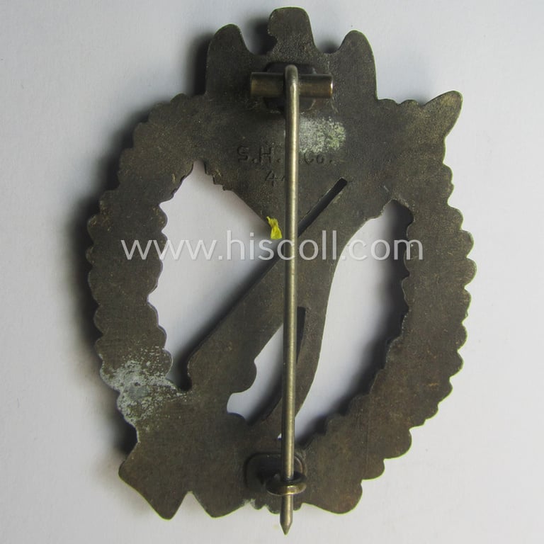 Superb - and very detailed! - 'Infanterie Sturmabzeichen in Bronze' (or: bronze-class infantry assault-badge ie. IAB) being a maker- (ie. 'S.H.u.C.o. 41'-) marked example as executed in bronze-toned, zinc-based metal (ie. 'Feinzink')