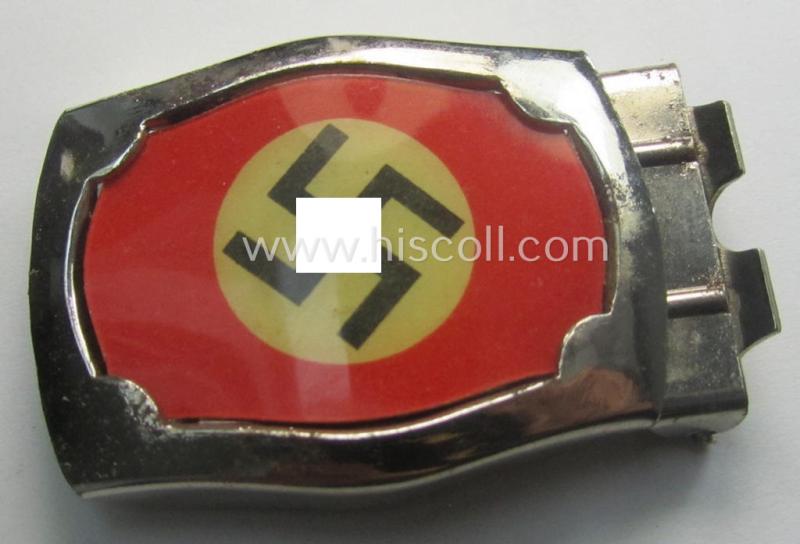 Attractive - and actually unusually seen! - smaller-sized, silver-toned (ie. chromed metal-based) patriotic belt-buckle (ie. 'N.S.D.A.P.'-supportive-piece) being a 'virtually mint- ie. unissued' example that shows some (minimal) rust-staining