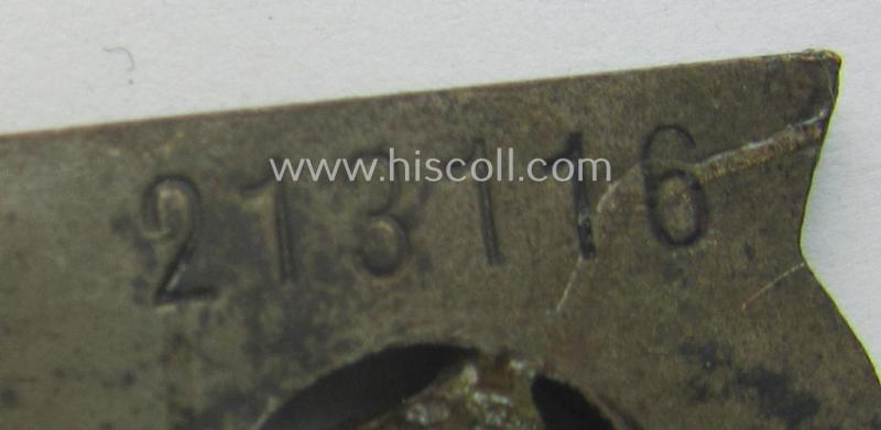 DJ- (ie. 'Deutsches Jungvolk'-) so-called: 'Leistungsabzeichen in Bronze' (or: bronze-class youth sports'-badge) being a maker- (ie. 'RzM - M1/35'-) marked specimen that shows an engraved (unique) bearers'-numeral ('213116')