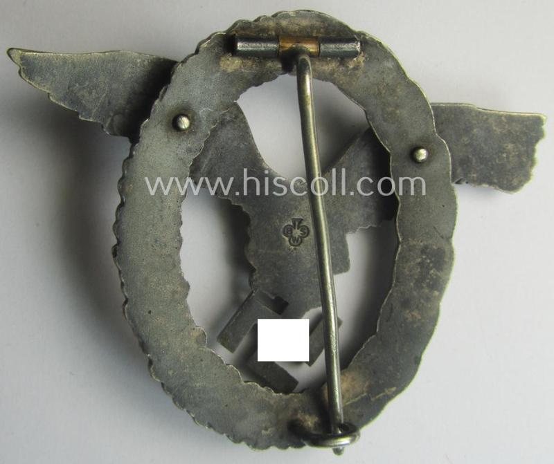 WH (Luftwaffe) 'Flugzeugführer-Abzeichen' (or: pilots'-badge) being a maker- (ie. 'BSW'-) marked- and typical 'Buntmetall'-based example as was produced by the maker (ie. 'Hersteller') named: 'Brüder Schneider' (ie. 'BSW')