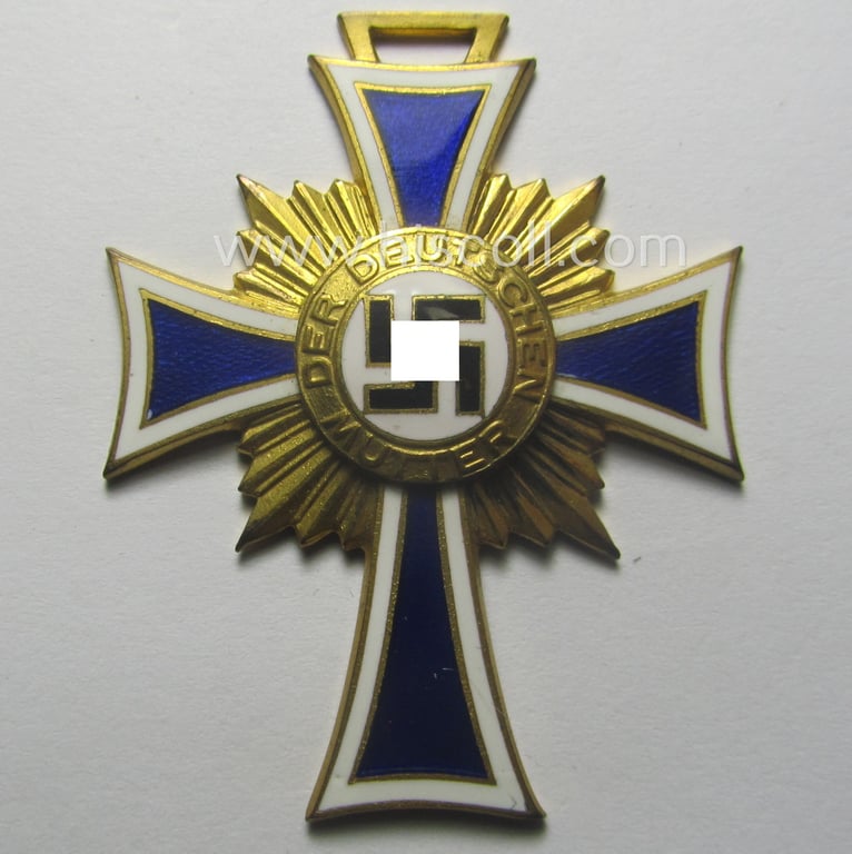 'Ehrenkreuz der deutschen Mutter - erste Stufe' (or: golden-class mothers'-cross) being a 'virtually mint' example that comes with its accompanying, long-sized ribbon as issued and/or recently found