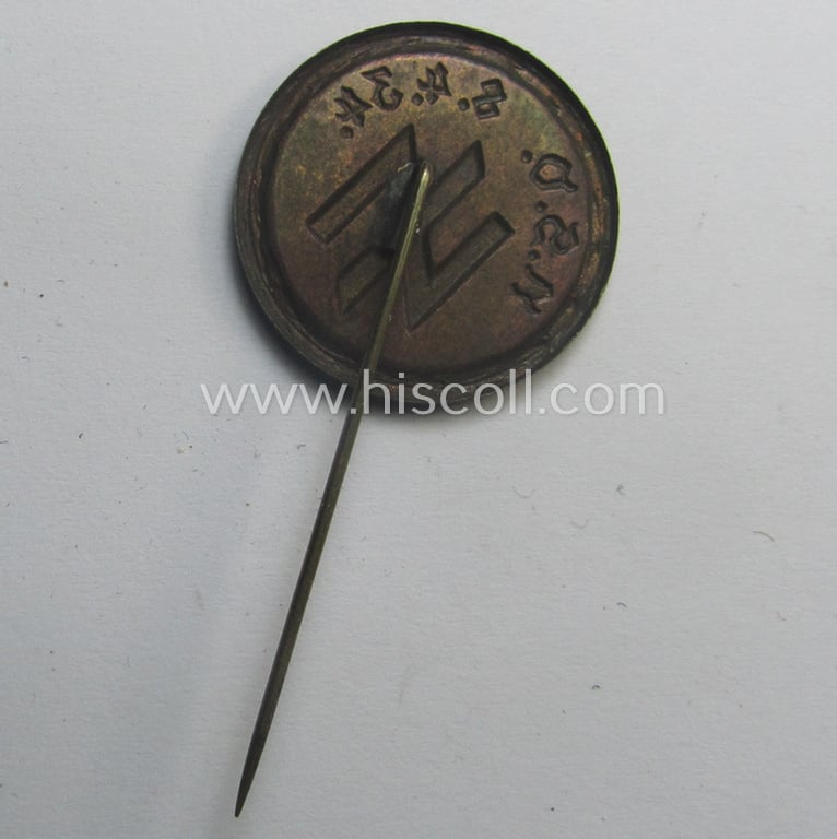 Attractive - and scarcely found! - so-called: N.S.V.- (ie. 'Nationalsocialistische Volkswohlfahrt'-) related, commemorative lapel-pin (ie. 'tinnie') showing a double 'S'-rune-sign and that is entitled: 'N.S.V. - 8-4-34'