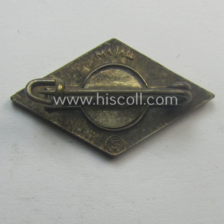 HJ (ie. 'Hitlerjugend') enamelled lapel-pin (ie.: 'Raute') with a: 'RzM - M1/14'-makers'-designation