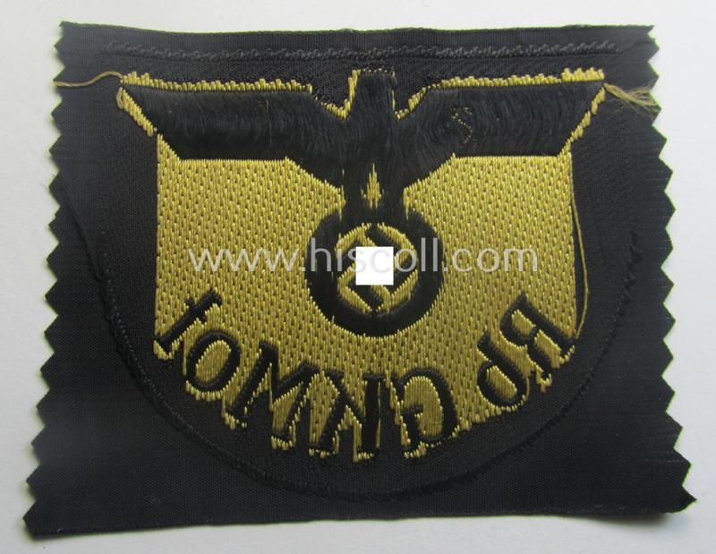 Never before seen, RB- ('Reichsbahn'-) related arm-eagle (ie. 'Ärmeladler') as executed in 'BeVo'-weave pattern depicting the text: 'Rb GKMot' (as was presumably intended for an official of the: 'Deutsche Reichsbahn')