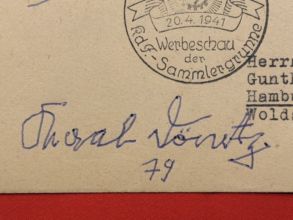WWII GERMAN KARL DONITZ, ERICH HARTMANN, TRAUDL JUNGE SIGNED 1941 GERMAN COVER, WITH HITLER STAMPS AND DATED 20/4/1941.