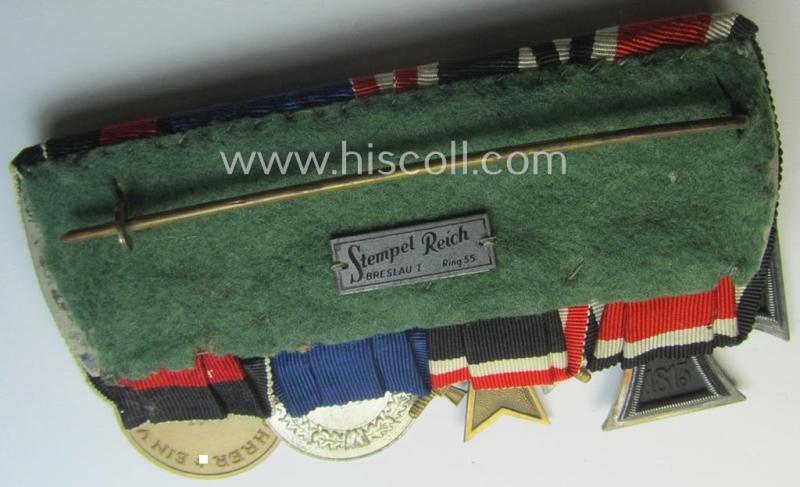 4-pieced WH (Heeres o. KM etc.) medal-bar (ie.: 'Ordenspange') resp. showing an: 'EKII. Kl.', a: 'KvK II.Kl. mit S.', a: 'WH-DA 4. St.' (with eagle-device) and a: Czech 'Anschluss'-medal (with a firmly attached 'Prager Burg-Spange')