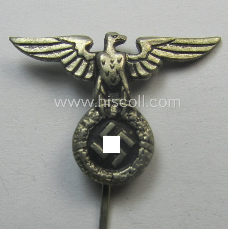 Early-pattern - silverish-coloured and truly very detailed! - so-called: 'N.S.D.A.P.'-supporter- (ie. membership-) lapel-pin (ie. 'tie'-pin) being a non-maker-marked example showing a pronounced (early pattern) 'Reichsadler'-device