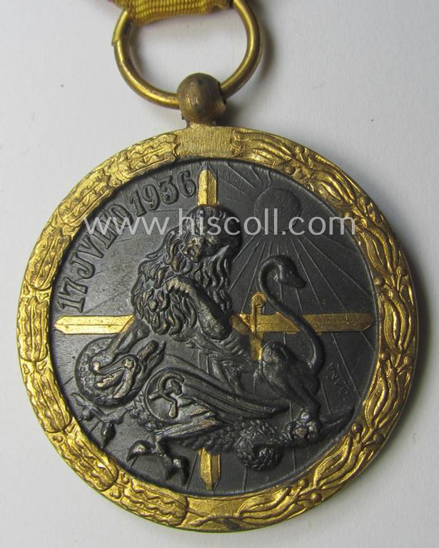 Spanish-issued, Spanish Civil-War commemorative-medal called: 'Medalla de la Campaña 1936-1939' that comes mounted onto its (typically Spanish) mounted ribbon