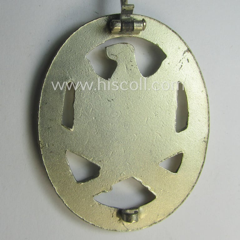 Neat, '1957-pattern, 'Allgemeines Sturmabzeichen' (or: General Assault Badge ie. GAB) being an unmarked, silvered zinc-based- (ie. 'Feinzink'-) and/or: 'solid-back'-version