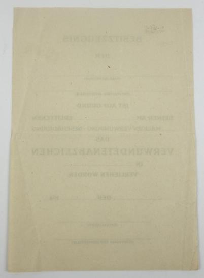 German WH Un-issued Wounded Badge Award Certificate