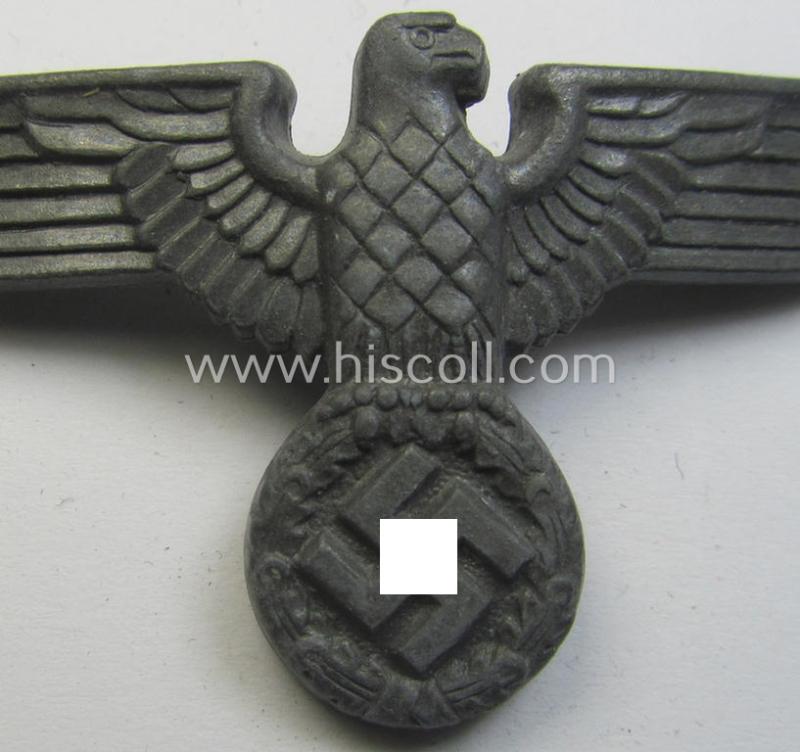 Greyish-silver-coloured- and/or: zinc- (ie. 'Feinzink'-) based (political-style) visor- (ie. 'Schirmmützen'-) cap-eagle being a detailed example that is neatly: 'RzM' and/or: 'M1/166' marked