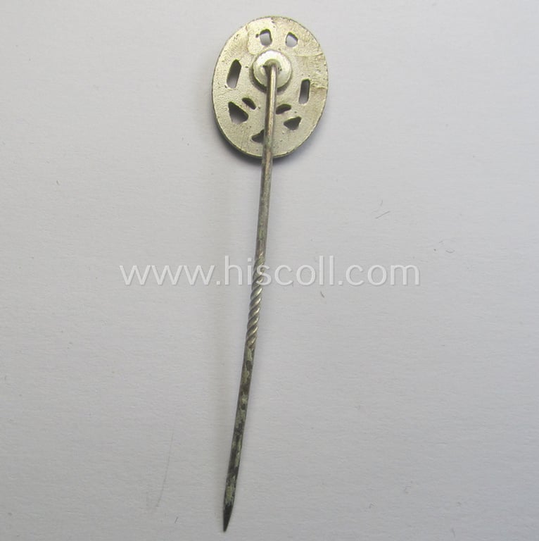 Miniature-lapel-pin depicting an: 'Allgemeines-Sturmabzeichen' (or: general-assault-badge ie. GAB) being a non-maker-marked example as executed in silver-coloured zinc-based metal (ie. 'Feinzink')