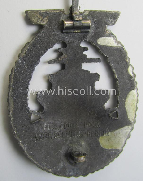Attractive, WH (KM) 'Flottenkriegsabzeichen' (or: high-sea fleet badge) being a typical zinc- (ie. 'Feinzink'-) based and/or later-war-period version that is neatly maker- (ie. 'Fec. Adolf Bock') marked on its back