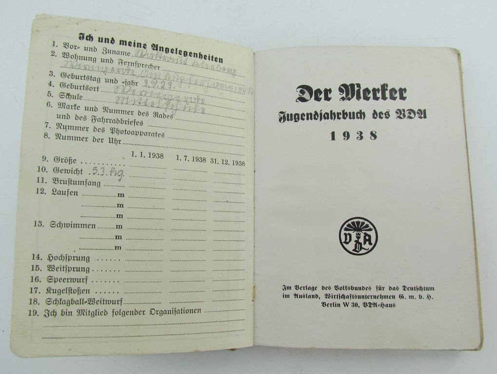 Der Merker 1938 – Jugendjahrbuch des VDA – Personally Used & Filled-In Example