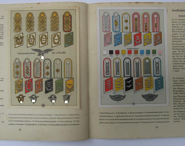 Neat, medium-sized, period-publication ie. album entitled: 'Deutschlands Wehrmacht', full of colour-plates on uniforms and/or insignia, holding 11 (of its original 12) colourfull post-cards - nice, albeit moderately used, condition! 