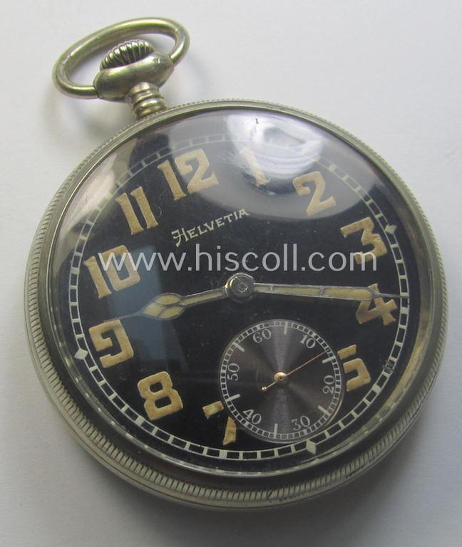 Functional - albeit non-numbered! - 'Deutsche Wehrmacht'- (ie. typical WWII-period!) pocket-watch (ie. 'Dienstuhr') of the make: 'Helvetia' having a black-coloured dial-plate
