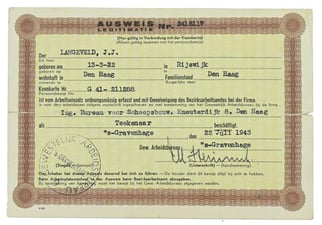 Dutch WW2 Ausweis  / ID Card Worker Exception