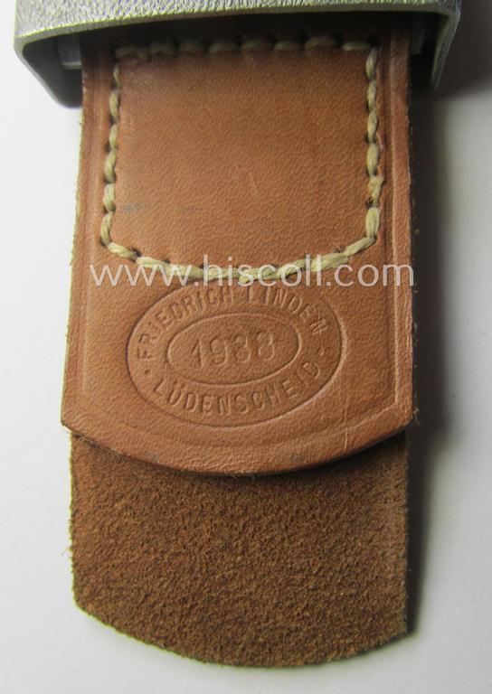 'Reichsarbeitsdienst'- (ie. RAD-) enlisted-mens'- (ie. NCO-) type belt-buckle being a maker- (ie. 'Friedrich Linden'-) marked example which is dated: '1938' and that comes mounted onto its leather-based tab