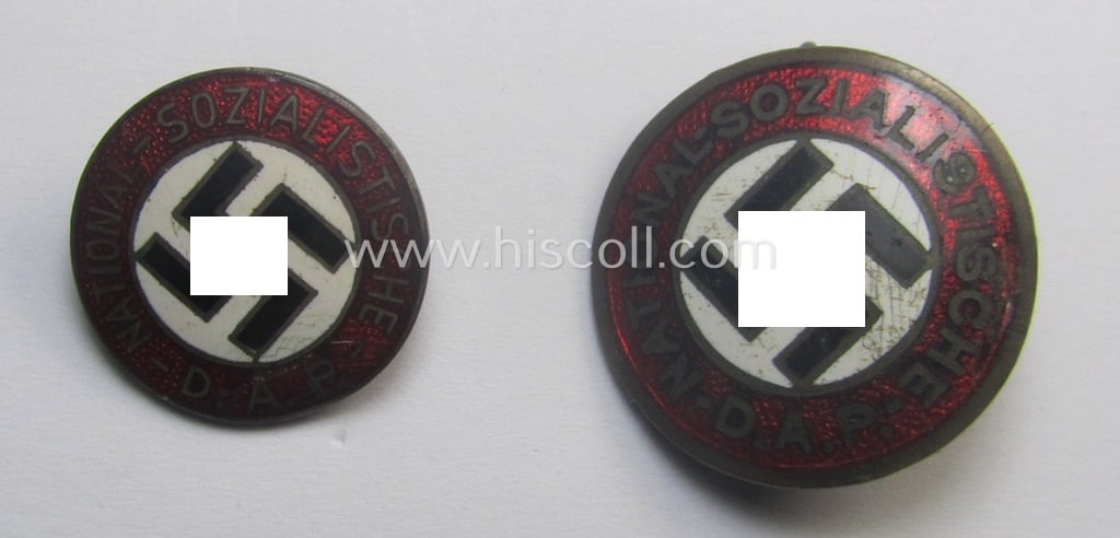 Unusual - smaller-sized- and darker-red-coloured! - 'N.S.D.A.P.'-membership-pin- ie. party-badge (or: 'Parteiabzeichen') being a non-maker-marked example that shows a (double!) 'Ges.Gesch.'-patent-pending-designation
