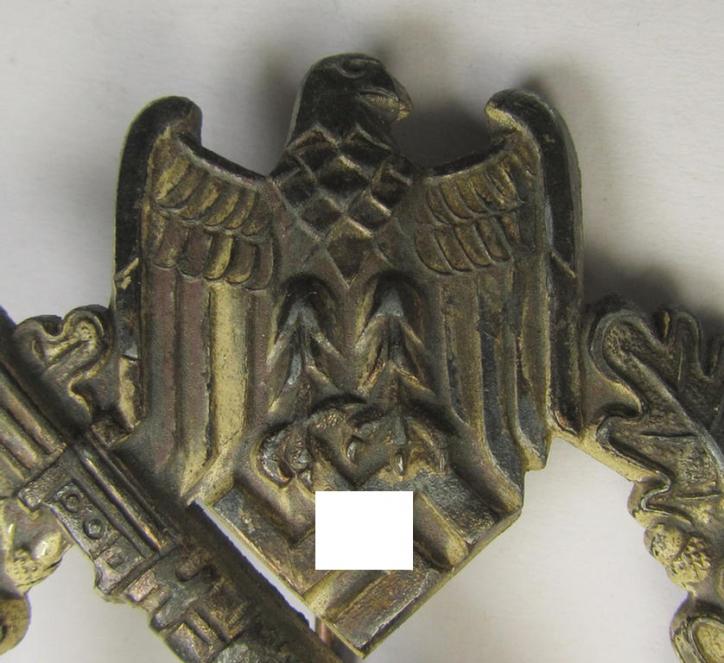 'Infanterie Sturmabzeichen in Silber' (or: silver infantry assault badge ie. IAB) as executed in zinc-based metal (ie. 'Feinzink') being a truly converse-shaped- (albeit non-maker-marked) example as was produced by the: 'Dr. Franke & Co.'-compa...