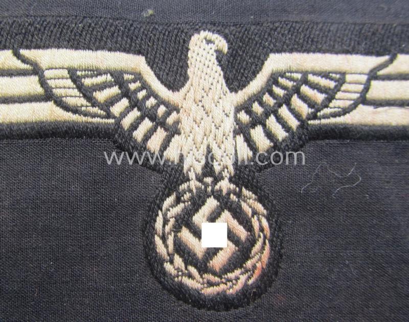 WH (Heeres) early- (ie. pre-) war-period- and/or white-coloured 'Panzer'-type breast-eagle of the so-called: 'M35'- (ie.'M36'-) pattern as was executed in the neat 'BeVo'-weave pattern on a black-coloured background