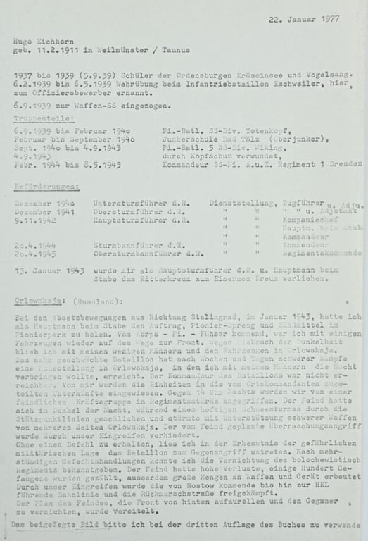 Postcard with Signature of Waffen-SS KC Recipient 'Hugo Eichhorn'
