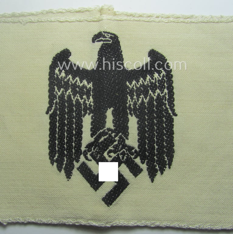 Linnen-based- and/or BeVo-'machine-woven', beige-white-coloured armband (ie. 'Armbinde') showing a woven eagle-device as was specifically intended for (civilian) staff-members (ie. 'Zivilangestellten') of the armed forces ie. 'Deutsche Wehrmacht'