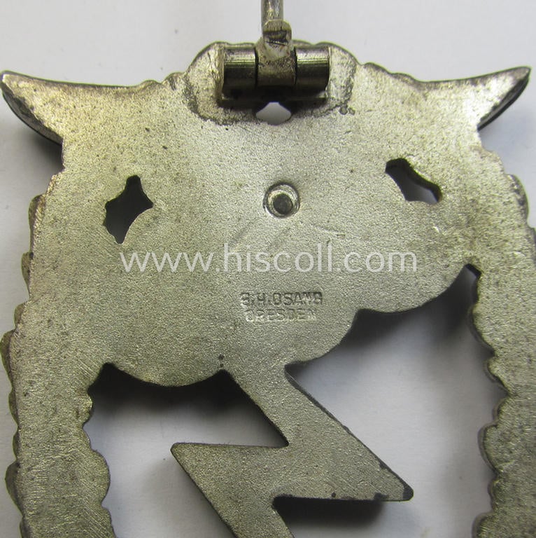 Mid- (ie. later-) war-period, zinc- (ie.'Feinzink'-) based version of a WH (Luftwaffe) 'Erdkampfabzeichen' (being a maker-marked example by the 'G.H. Osang'-company having a silvered- and 'riveted' eagle-device attached)