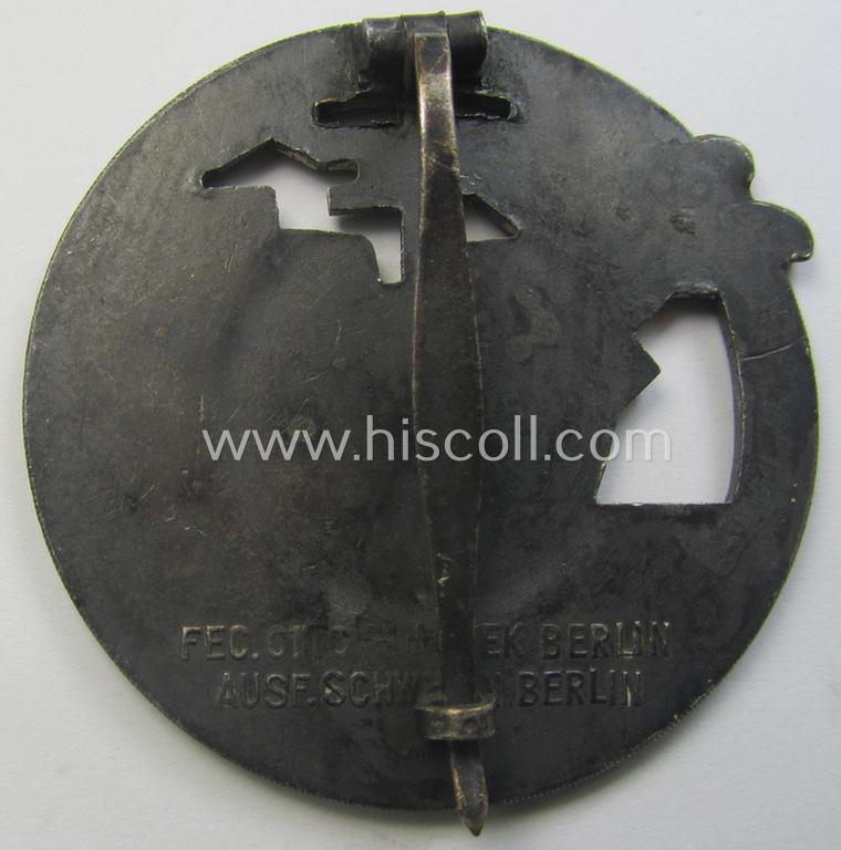 WH (Kriegsmarine) 'Blockadebrecher-Kriegsabzeichen' being a clearly maker- (ie. 'Fec. Otto Placzek Berlin - Ausf. Schwerin - Berlin'-) marked example as executed in silver-toned metal (ie. 'Buntmetall')