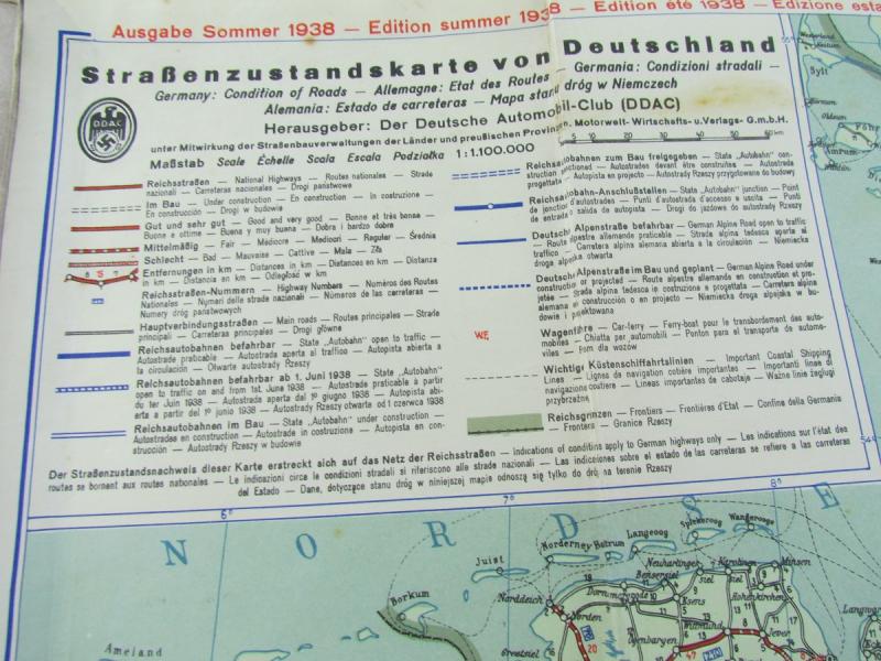 Original Third Reich Color ADAC STRASSENZUSTANDSKARTE VON DEUTSCHLAND 1938