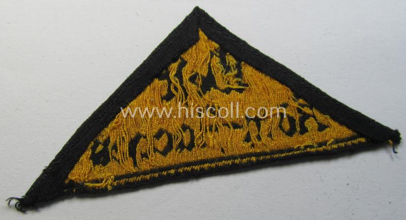 Truly used- and/or clearly tunic-/shirt-removed, 'HJ' ('Hitlerjugend') district-triangle (ie. 'Gebietsdreieck') entitled: 'West Köln-Aachen' (being a minimally damaged example that misses its 'RzM'-etiket)