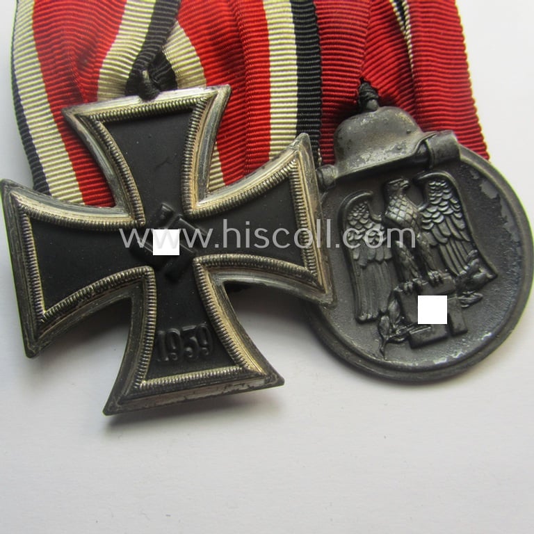 Minimally used example of a two-pieced WH (Heeres, LW o. KM etc.) medal-bar (ie. 'Orden- o. Doppelspange') showing resp. an: 'EKII. Kl.' and a medal: 'Winterschlacht im Osten 1941-42'