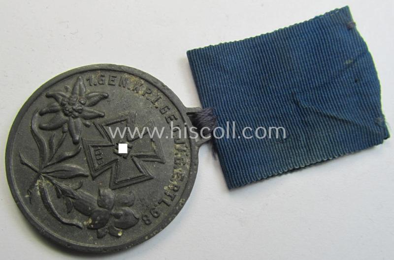 Interesting - and rarely seen! - greyish-toned, WH (Heeres) 'Gebirgsjäger'-related item: a semi-official, commemorative-medal (aka: 'Url') depicting a WWII-period IC and famous 'Edelweiss'-flowers coupled with text: '1.Gen.Kp. I.Geb.Jäg.E.Btl....